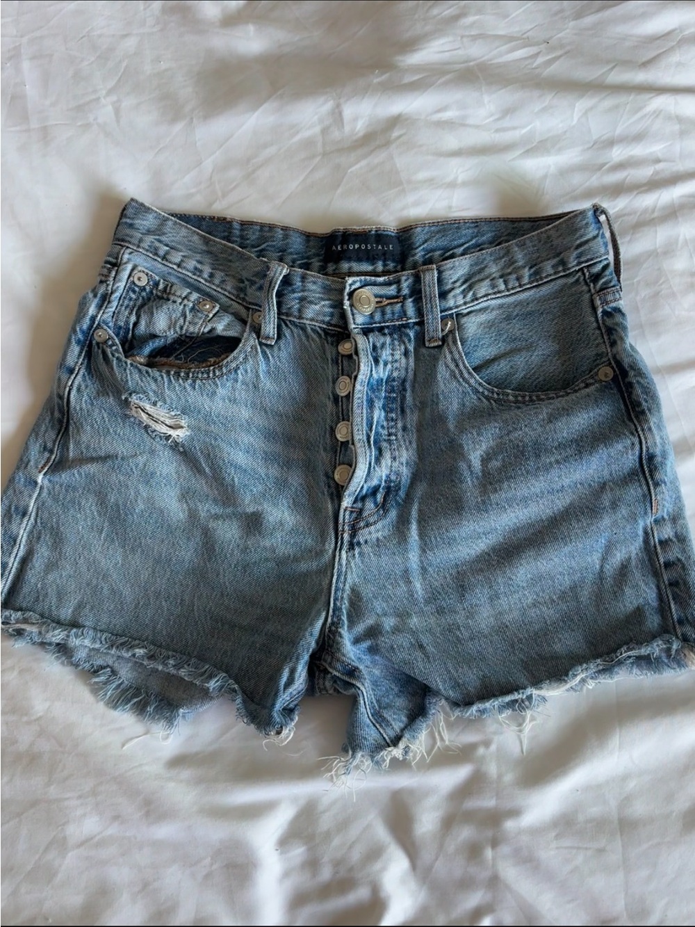 Aeropostale Light Blue Distressed Button-Front Denim Shorts
